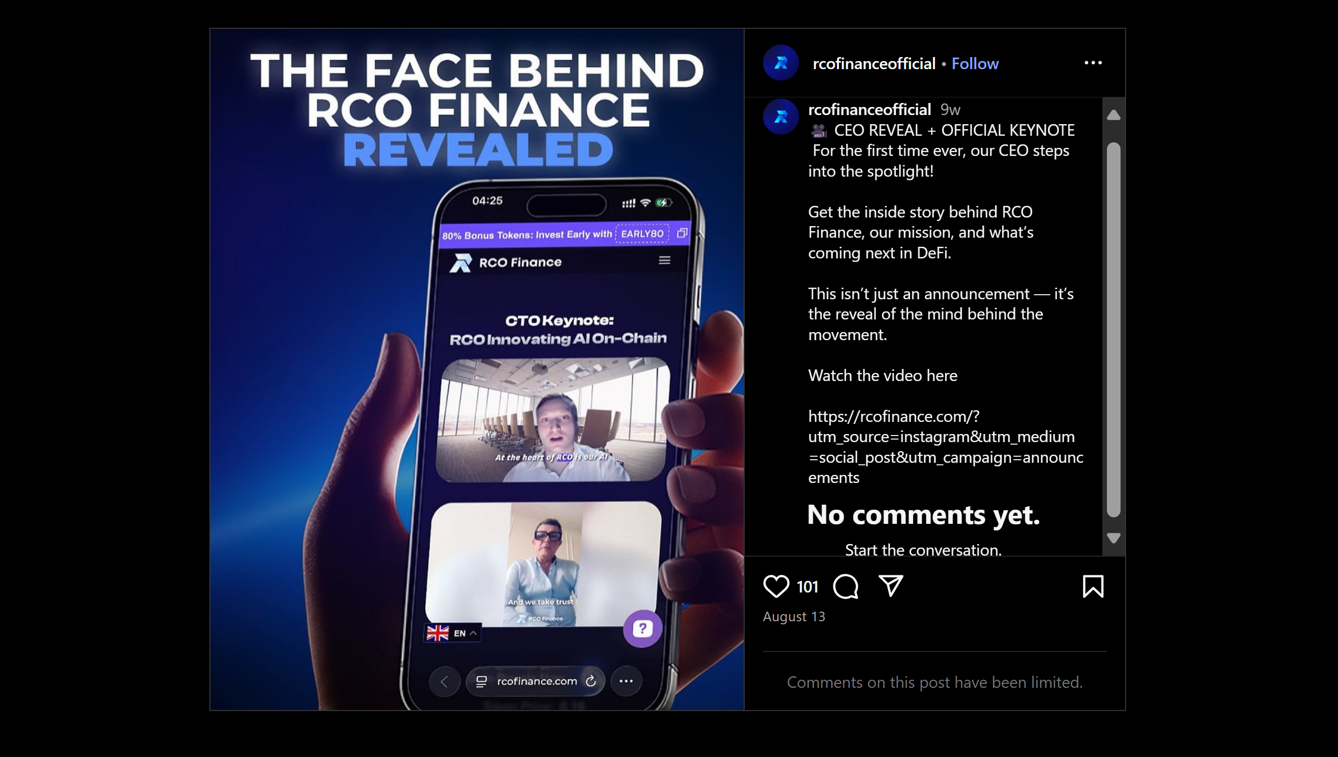 Screenshot of RCO Finance Instagram post promoting a CEO reveal video for the $36M crypto presale before the RCOF token’s 99% crash on BitMart.